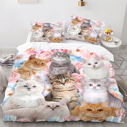SMchwbc Katze Bettwäsche 135x200 Katze Bettbezug Set für Mädchen Jungen Kinder 3D-Druck Katze Kinderbettwäsche Microfaser Kätzchen Bettbezug mit Reißverschluss (135 x 200 cm,9) von SMchwbc