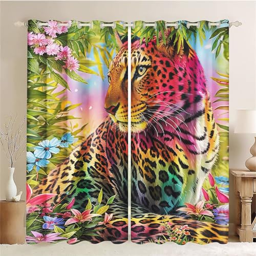 SMchwbc Leopard Vorhänge Kinderzimmer Blickdicht Tiger Gardinen 3D Waldtier Leopard Fenstervorhang 3D Leoparden Verdunklungsgardine 2er Set Vorhänge Für Kinder (9,150 x 166cm(2X75X166cm)) von SMchwbc