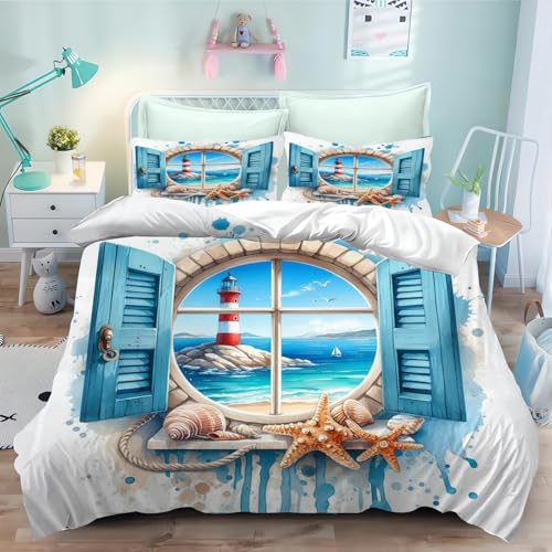SMchwbc Leuchtturm Bettwäsche 135x200 Ozean Leuchtturm Strand Bettbezug für Mädchen Jungen Weiche Mikrofaser Leuchtturm und Meer Bettwäsche Set Mit Reißverschluss (3,200 x 200 cm) von SMchwbc