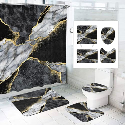 SMchwbc Marmor Duschvorhang 180x180 180x200 Marmor Schwarz Gold grün Muster Textil Duschvorhänge Set Polyester Marmor Shower Curtains Badezimmerteppich 4-teiliges Set (120 x 200 cm(BxH),7) von SMchwbc