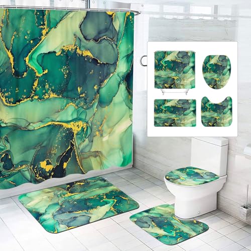 SMchwbc Marmor Duschvorhang 180x180 180x200 Schwarz Gold Grün Muster Textil Set Polyester Shower Curtains Badezimmerteppich 4-teiliges Set (120 x 200 cm(BxH),9) von SMchwbc