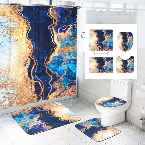 SMchwbc Marmor Duschvorhang 180x180 180x200 Schwarz Gold Grün Muster Textil Set Polyester Shower Curtains Badezimmerteppich 4-teiliges Set (180 x 180 cm(BxH),1) von SMchwbc