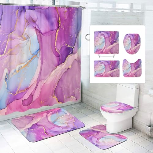 SMchwbc Marmor Duschvorhang 180x180 180x200 Marmor Schwarz Gold grün Muster Textil Duschvorhänge Set Polyester Marmor Shower Curtains Badezimmerteppich 4-teiliges Set (180 x 180 cm(BxH),3) von SMchwbc