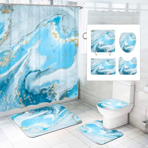 SMchwbc Marmor Duschvorhang 180x180 Schwarz Gold grün Muster Textil Duschvorhänge Set Polyester Marmor Shower Curtains Badezimmerteppich 4-teiliges Set (180 x 180 cm(BxH),4) von SMchwbc