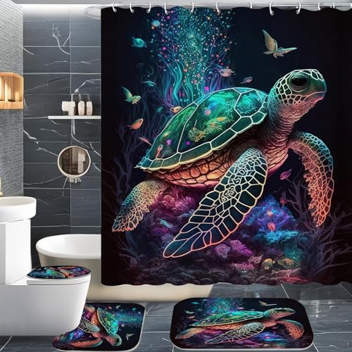 SMchwbc Meer Schildkröte Duschvorhang 180x180 180x200 Meeresschildkröte Schildkröte Seestern Ozean Duschvorhänge Set Fische Shower Curtains Badezimmerteppich 4-teiliges Set (120 x 200 cm(BxH),4) von SMchwbc