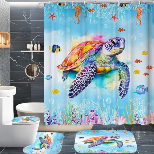 SMchwbc Meer Schildkröte Duschvorhang 180x180 180x200 Meeresschildkröte Schildkröte Seestern Ozean Duschvorhänge Set Fische Shower Curtains Badezimmerteppich 4-teiliges Set (180 x 180 cm(BxH),2) von SMchwbc