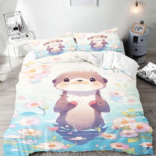 SMchwbc Otter Bettwäsche 135x200 Kinder Otter Bettbezug Set 3teilig Süßer Otter Bettbezug Set Weiche Mikrofaser Otter Bettwäsche Set Mit Reißverschluss Und 2 Kissenbezügen (140 x 210 cm,3) von SMchwbc