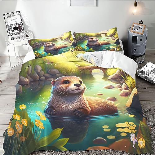 SMchwbc Otter Bettwäsche 135x200 Süße Otter Bettbezug für Jungen Mädchen, Otter-Tier Bettwäsche-Set 3D Drucken Ottertier Bettwäsche 100% Mikrofaser tierotter Bettbezug (135 x 200 cm,1) von SMchwbc