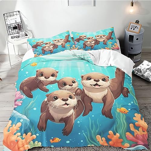 SMchwbc Otter Bettwäsche 135x200 Süße Otter Bettbezug für Jungen Mädchen, Otter-Tier Bettwäsche-Set 3D Drucken Ottertier Bettwäsche 100% Mikrofaser tierotter Bettbezug (135 x 200 cm,10) von SMchwbc