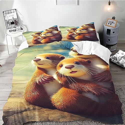 SMchwbc Otter Bettwäsche 135x200 Süße Otter Bettbezug für Jungen Mädchen, Otter-Tier Bettwäsche-Set 3D Drucken Ottertier Bettwäsche 100% Mikrofaser tierotter Bettbezug (135 x 200 cm,5) von SMchwbc