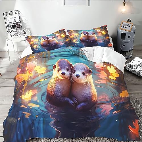 SMchwbc Otter Bettwäsche 135x200 Süße Otter Bettbezug für Jungen Mädchen, seeotter bettwäsche Set 3D Drucken 100% Mikrofaser tierotter Bettbezug Und Kissenbezug (135 x 200 cm,10) von SMchwbc