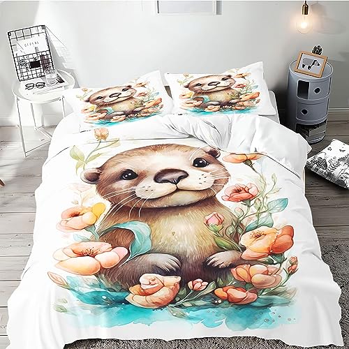 SMchwbc Otter Bettwäsche 135x200 Süße Otter Bettbezug für Jungen Mädchen, seeotter bettwäsche Set 3D Drucken 100% Mikrofaser tierotter Bettbezug Und Kissenbezug (140 x 210 cm,9) von SMchwbc