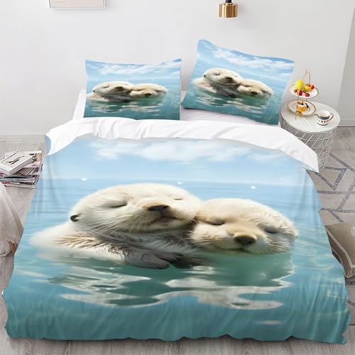 SMchwbc Otter Bettwäsche 135x200 Süße Otter Bettbezug für Jungen Mädchen Seeotter Bettwäsche-Set 3D Drucken Mit Reißverschluss Und 2 Kissenbezügen (135 x 200 cm,3) von SMchwbc