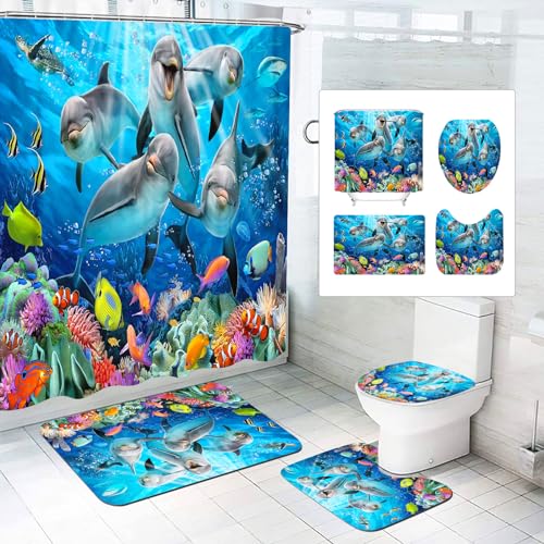 SMchwbc Ozean Delfin Duschvorhang 180x180 180x200 Delfin Fisch Blau Strand Duschvorhänge Set Polyester Delfine Pflanzen Shower Curtains Badezimmerteppich 4-teiliges Set (180 x 200 cm(BxH),7) von SMchwbc