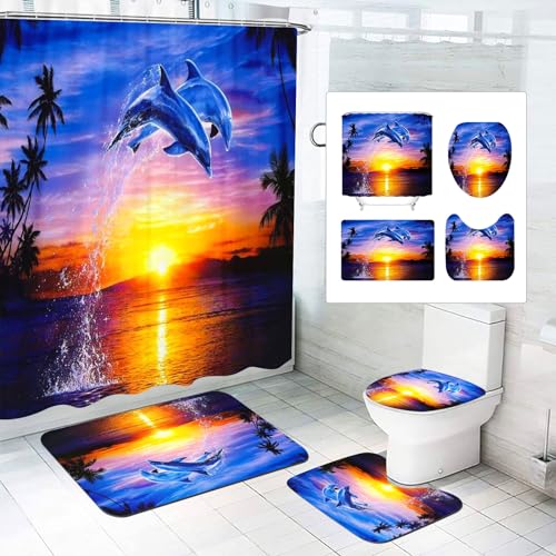SMchwbc Ozean Delfin Duschvorhang 180x180 180x200 Fisch Blau Strand Duschvorhänge Set Polyester Pflanzen Shower Curtains Badezimmerteppich 4-teiliges Set (180 x 200 cm(BxH),9) von SMchwbc