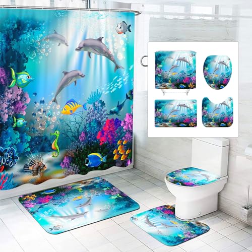 SMchwbc Ozean Delfin Duschvorhang 180x180 180x200 Fisch Blau Strand Duschvorhänge Set Polyester Pflanzen Shower Curtains Badezimmerteppich 4-teiliges Set (200 x 200 cm(BxH),1) von SMchwbc