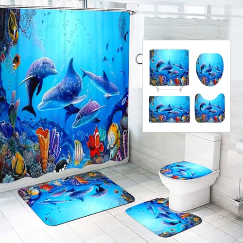 SMchwbc Ozean Delfin Duschvorhang 180x180 180x200 Delfin Fisch Blau Strand Duschvorhänge Set Polyester Delfine Pflanzen Shower Curtains Badezimmerteppich 4-teiliges Set (200 x 200 cm(BxH),2) von SMchwbc