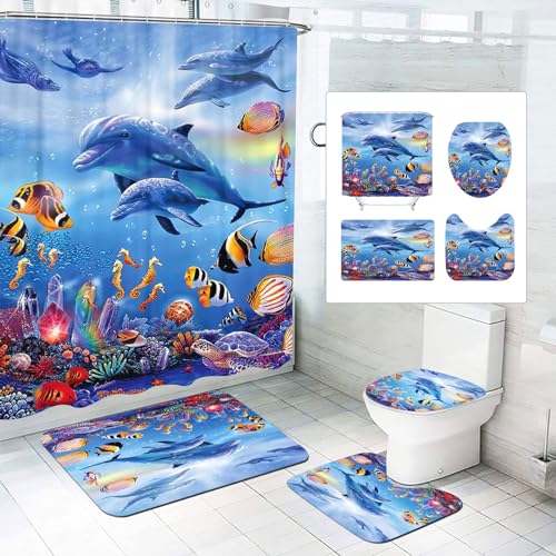 SMchwbc Ozean Delfin Duschvorhang 180x180 180x200 Delfin Fisch Blau Strand Duschvorhänge Set Polyester Delfine Pflanzen Shower Curtains Badezimmerteppich 4-teiliges Set (200 x 200 cm(BxH),4) von SMchwbc