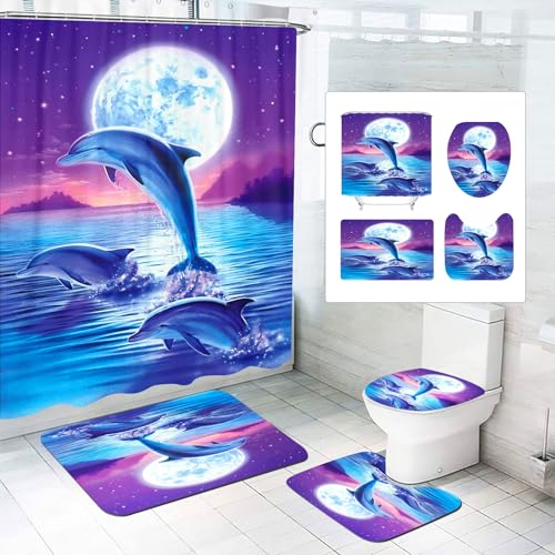 SMchwbc Ozean Delfin Duschvorhang 180x180 180x200 Delfin Fisch Blau Strand Duschvorhänge Set Polyester Delfine Pflanzen Shower Curtains Badezimmerteppich 4-teiliges Set (200 x 240 cm(BxH),3) von SMchwbc