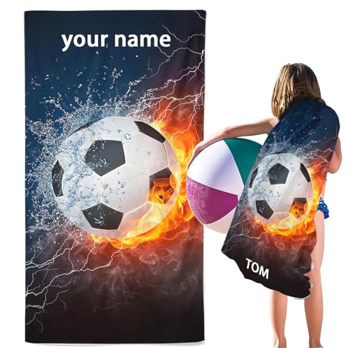 SMchwbc Personalisiert Fußball Strandtuch Mit Namen, Fußball Handtuch mit Namen Badetuch für Jungen, Mikrofaser Strandtuch Groß 90x180cm Badetuch Handtuch Fußball für Strand (80 x 150 cm,1) von SMchwbc