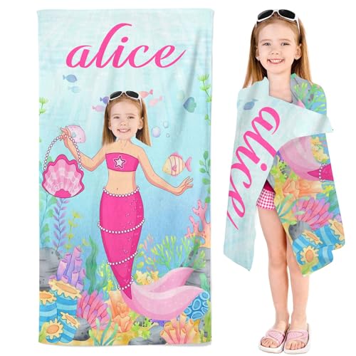 SMchwbc Personalisiert Strandtuch Mit Namen, Meerjungfrau Handtuch Badetuch mit Namen für Mädchen Mikrofaser Mermaid Strandtuch Groß 90x180cm Badetuch Handtuch Kinder (1,60 x 120 cm) von SMchwbc