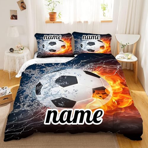 SMchwbc Personalisierte Bettwäsche mit Name Text, Individuelles Fußball Bettwäsche Personalisiert Mit Namen, Fußball Kinderbettwäsche 135x200 Fußball Sport Bettbezug-Set (1,140 x 210 cm) von SMchwbc