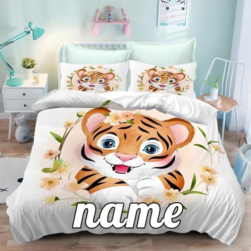 SMchwbc Personalisierte Bettwäsche mit Name Text, Personalisiert Tiger Bettwäsche 135x200cm Kinderbettwäsche Süßes Tiger Wildtier Tiere Bettbezug Set (1,135 x 200 cm) von SMchwbc