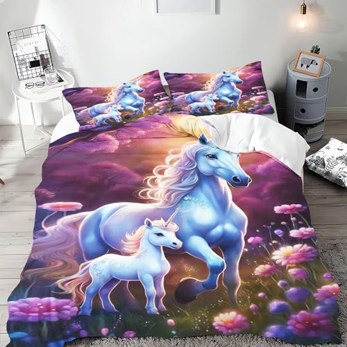 SMchwbc Pferde Bettwäsche 135x200 Pferd Mädchen Kinder Pferdebettwäsche Pferde Bettbezug Set Weiche Mikrofaser Pferde Bettwäsche Set Mit Reißverschluss Und 2 Kissenbezügen (135 x 200 cm,2) von SMchwbc