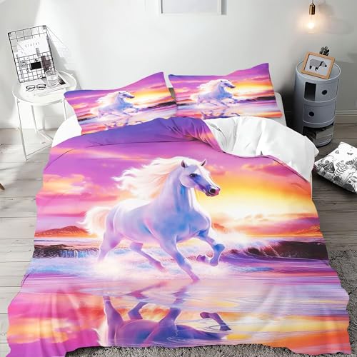 SMchwbc Pferde Bettwäsche 135x200 Pferd Mädchen Kinder Pferdebettwäsche Pferde Bettbezug Set Weiche Mikrofaser Pferde Bettwäsche Set Mit Reißverschluss Und 2 Kissenbezügen (135 x 200 cm,5) von SMchwbc