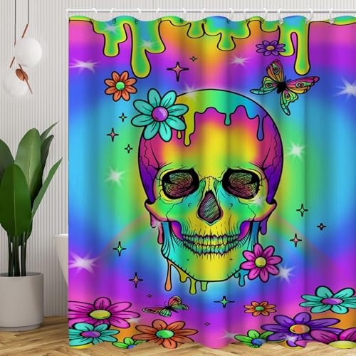 SMchwbc Totenkopf Duschvorhang 180 x 200 180 x 180 Totenkopf Blumen Rose Gothic Duschvorhänge Polyeste Skull Halloween Skelett Duschvorhang 12 Haken (1,180 x 200 cm(BxH)) von SMchwbc