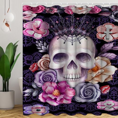 SMchwbc Totenkopf Duschvorhang 180 x 200 180 x 180 Totenkopf Blumen Rose Gothic Duschvorhänge Polyeste Skull Halloween Skelett Duschvorhang 12 Haken (2,180 x 200 cm(BxH)) von SMchwbc