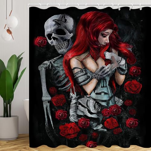 SMchwbc Totenkopf Duschvorhang 180 x 200 180 x 180 Totenkopf Blumen Rose Gothic Duschvorhänge Polyeste Skull Halloween Skelett Duschvorhang 12 Haken (4,180 x 200 cm(BxH)) von SMchwbc