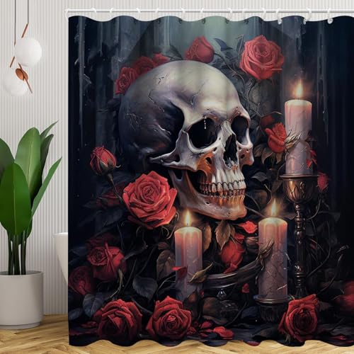 SMchwbc Totenkopf Duschvorhang 180 x 200 180 x 180 Totenkopf Blumen Rose Gothic Duschvorhänge Polyeste Skull Halloween Skelett Duschvorhang 12 Haken (5,180 x 180 cm(BxH)) von SMchwbc