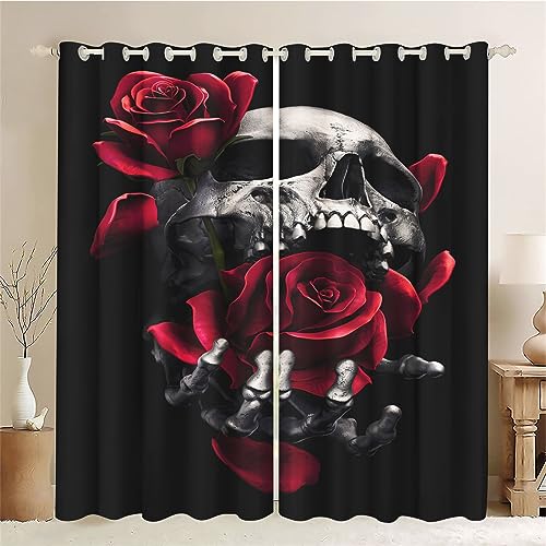 SMchwbc Vorhänge Totenkopf Gardinen Blickdicht mit Ösen Gothic Vorhänge Skull 3D Verdunkelungsvorhäng Totenkopf rosa 2er Set Gardinen für Dekoration (1,150 x 166cm(2X75X166cm)) von SMchwbc