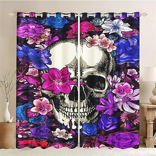 SMchwbc Vorhänge Totenkopf Gardinen Blickdicht mit Ösen Gothic Vorhänge Skull 3D Verdunkelungsvorhäng Totenkopf rosa 2er Set Gardinen für Dekoration (8,150 x 166cm(2X75X166cm)) von SMchwbc