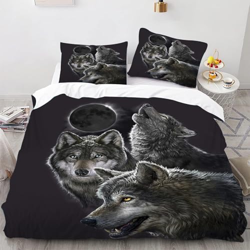 SMchwbc Wolf Bettwäsche 135x200cm Kinder Tier 3D Wolf Bettbezug Set Für Jugendliche, Wolf Bettwäsche-Set 3teilig Schwarz Blue Mit Reißverschluss (135 x 200 cm,10) von SMchwbc