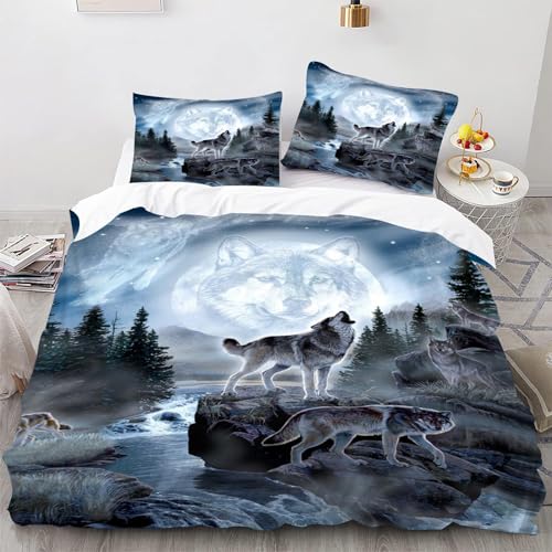 SMchwbc Wolf Bettwäsche 135x200cm Kinder Tier 3D Wolf Bettbezug Set Für Jugendliche, Wolf Bettwäsche-Set 3teilig Schwarz Blue Mit Reißverschluss (135 x 200 cm,2) von SMchwbc