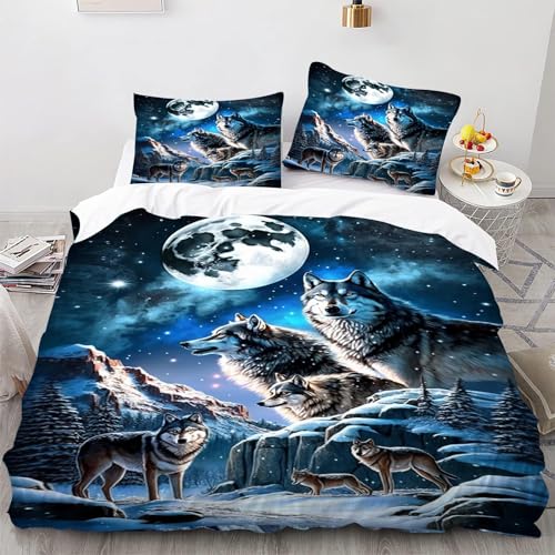 SMchwbc Wolf Bettwäsche 135x200cm Kinder Tier 3D Wolf Bettbezug Set Für Jugendliche, Wolf Bettwäsche-Set 3teilig Schwarz Blue Mit Reißverschluss (135 x 200 cm,3) von SMchwbc