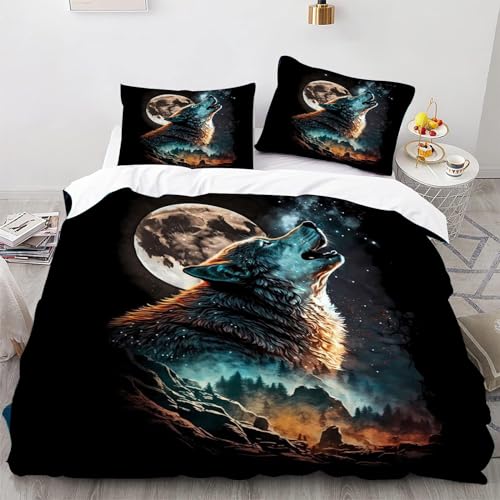 SMchwbc Wolf Bettwäsche 135x200cm Kinder Tier 3D Wolf Bettbezug Set Für Jugendliche, Wolf Bettwäsche-Set 3teilig Schwarz Blue Mit Reißverschluss (135 x 200 cm,7) von SMchwbc
