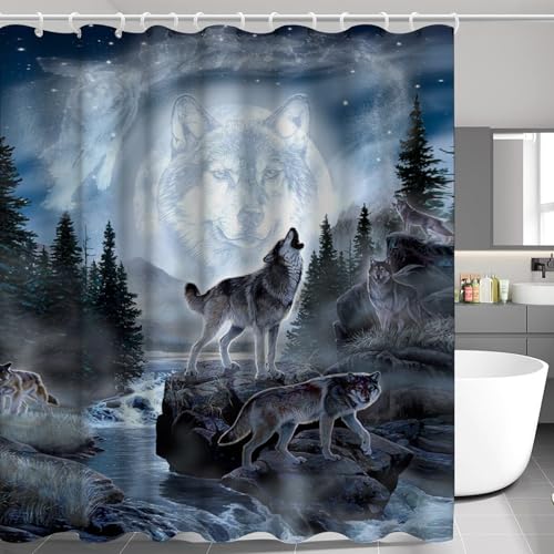 SMchwbc Wolf Duschvorhang 180 x 200 180 x 180 Wölfe Waldmond Wolf Tiere Duschvorhänge Polyeste Wilde Tiere Shower Curtains Wasserdicht (2,180 x 180 cm(BxH)) von SMchwbc