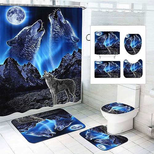 SMchwbc Wolf Duschvorhang 180x180 180x200 Wölfe Textil Wald Tier Duschvorhänge Set Polyester Stoff Wilde Tiere Shower Curtains Badezimmerteppich 4-teiliges Set (180 x 180 cm(BxH),6) von SMchwbc