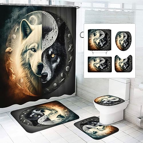 SMchwbc Wolf Duschvorhang 180x180 180x200 Wölfe Textil Wald Tier Duschvorhänge Set Polyester Stoff Wilde Tiere Shower Curtains Badezimmerteppich 4-teiliges Set (200 x 200 cm(BxH),9) von SMchwbc