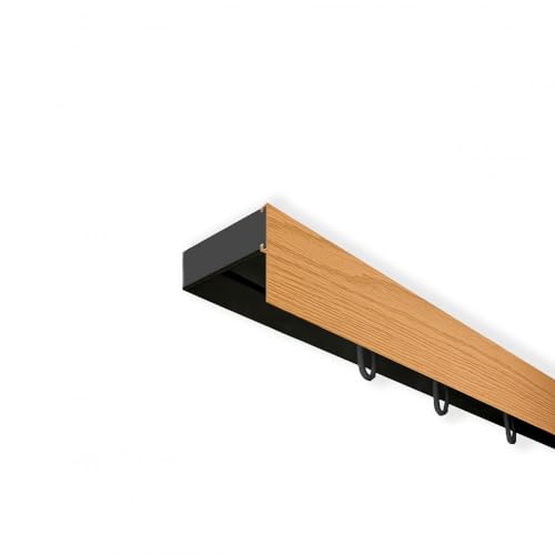 SN Deco - Vorhangschiene SH Set, Gardinenschiene, vorgebohrt, m. Blende Eiche, Komplettes Zubehör und Röllchen (Schiene Schwarz 1-läufig, Blende Eiche 7.5 cm, 120 cm) von SN DECO GROUP