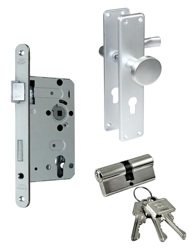 BKS Zimmertür/Wohnungstür/Badezimmer Komplett Set, inclusive Aluminium Schild Beschlag (PZ Profilzylinder/Knauf, DIN LINKS, Renovierungsschild 240mm x 47mm) von SN-TEC