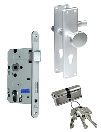 BKS Zimmertür/Wohnungstür/Badezimmer Komplett Set, inclusive Aluminium Schild Beschlag (PZ Profilzylinder/Knauf, DIN RECHTS, Renovierungsschild 240mm x 47mm) von SN-TEC