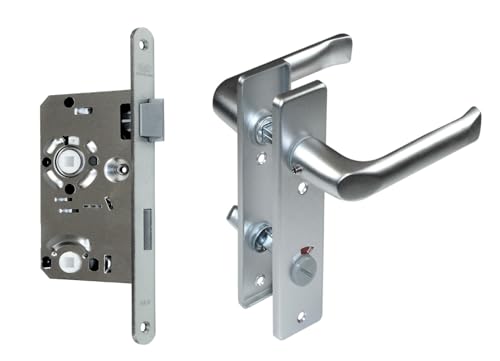 BKS Zimmertür/Wohnungstür/Badezimmer Komplett Set, inclusive Aluminium Schild Beschlag (WC Badezimmer rot/weiß, DIN RECHTS, Kurzschild 165mm x 40mm) von SN-TEC