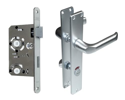 BKS Zimmertür/Wohnungstür/Badezimmer Komplett Set, inclusive Aluminium Schild Beschlag (WC Badezimmer rot/weiß, DIN RECHTS, Langschild 215mm x 40mm) von SN-TEC