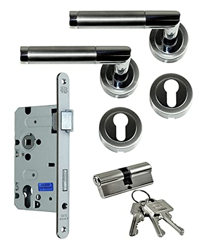 SN-TEC Zimmertür/Wohnungstür Komplett Set, Design Rosetten Beschlag L-Form (beidseitig Drücker) + PZ Schloss (DIN Rechts) + Profilzylinder von SN-TEC