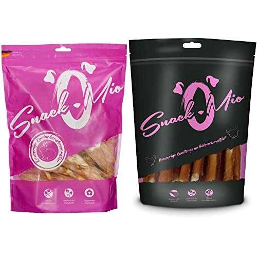 SNACKOMIO knusprige Kaninchenohren Natur 30 Stück, 1er Pack (1 x 0.300 kilograms) & Knusprige Kaustange an Hühnerbrustfilet Premium Kausnack für Hunde, 200 g, 1er Pack (1 x 0.2 kilograms) von SNACKOMIO