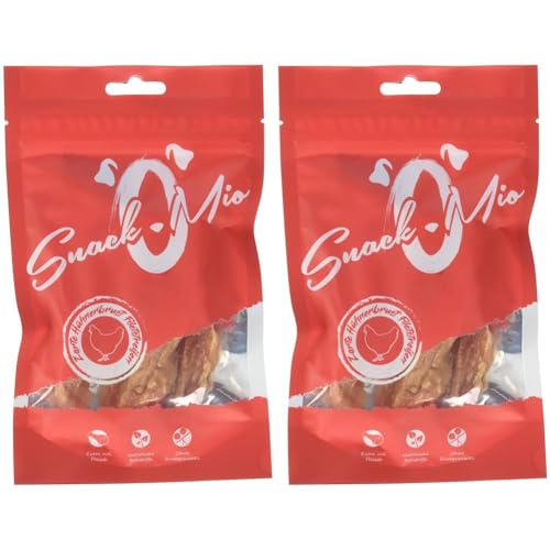 SnackOMio zarte Hühnerbrust Filetstreifen Premium Kausnack für Hunde, 70 g, 2er Pack (1 x 0.07 kilograms) von SNACKOMIO